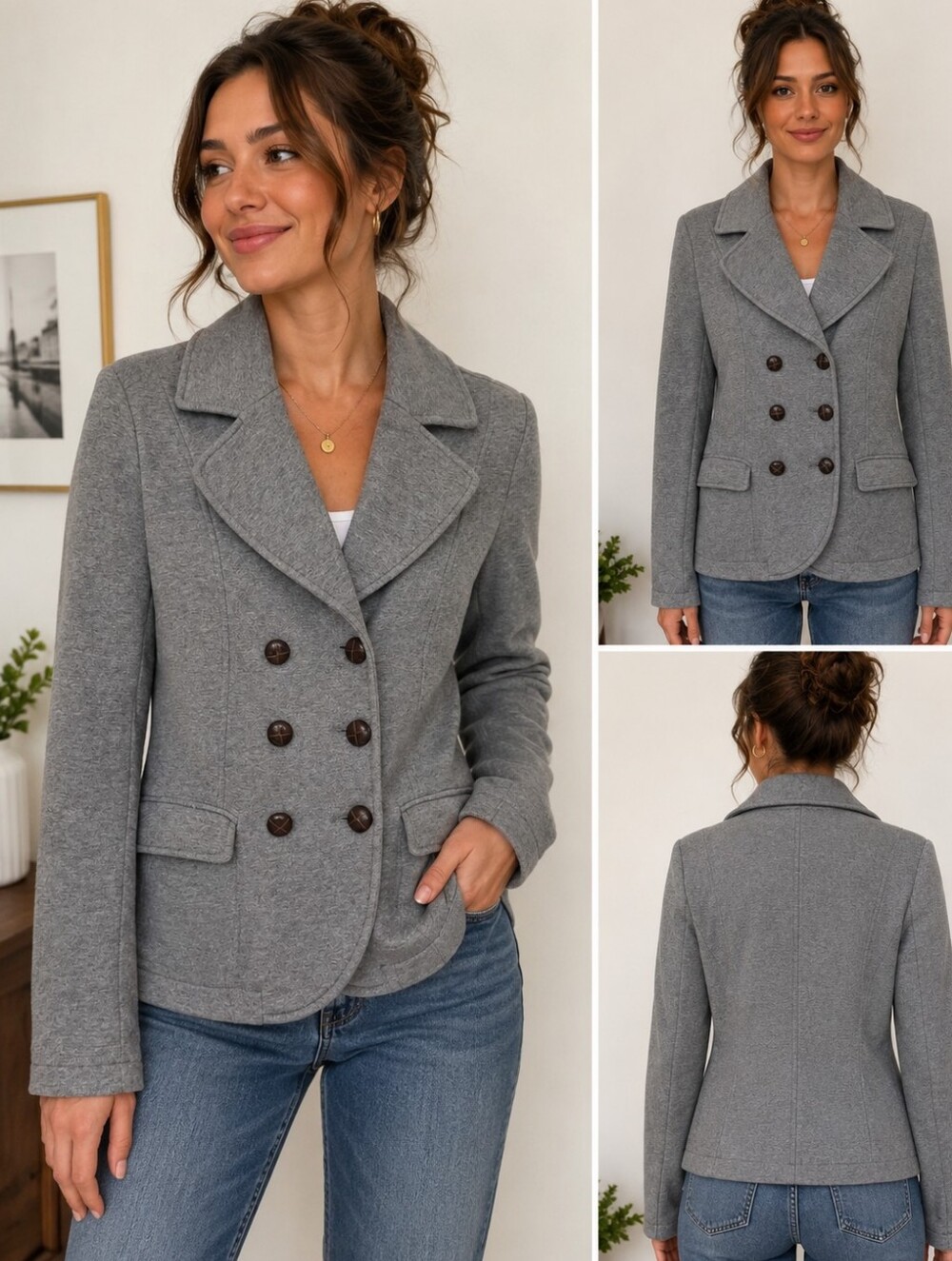 H&M Women's Gray Double-Breasted Peacoat Jacket Size 8 Classic Button Front